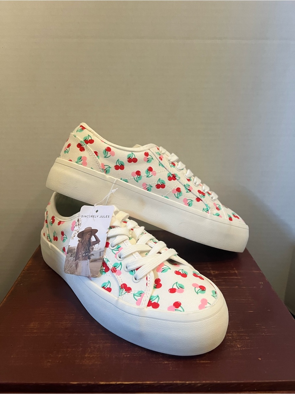 Sincerely Jules White Sneakers with Red Cherry Print